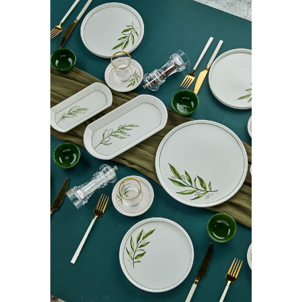 Botanical Green Camellia Leaf Patterned Luxury Ceramic 14 Piece Breakfast Set For 6 Persons