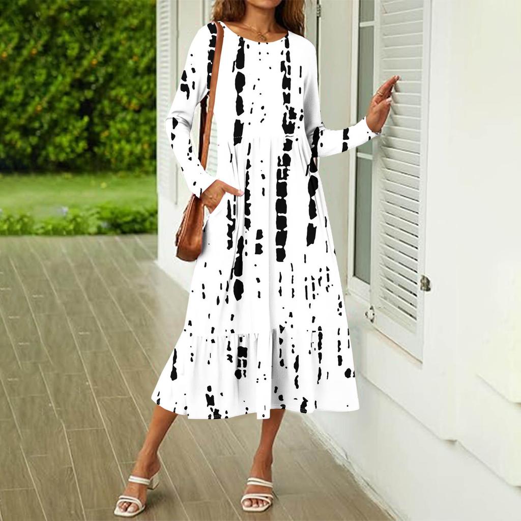 Women's Printed Casual Dress Spring Autumn Pocket Round Neck Long Sleeve Dresses