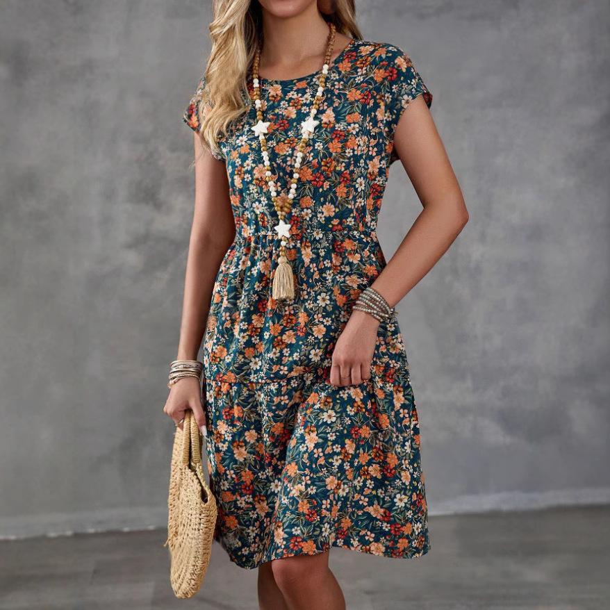 Women Summer Short Sleeve Round Collar Flower Printed One Piece Dress