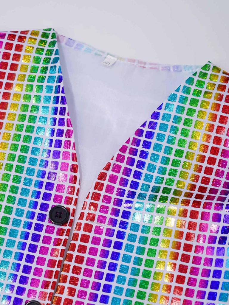 Boys Girls Dance Stage Performance Costume V Neck Sleeveless Asymmetrical Hem Button Metallic Plaid Vest