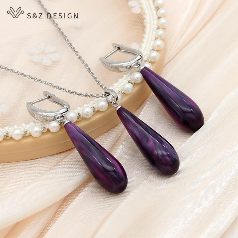 Модные Элегантные Цвета Розового Золота Красочные Капли Воды Висячие Серьги Наборы Ювелирных Изделий Для Женщин Кулон Ожерелье Девушка Свадьба Серьги