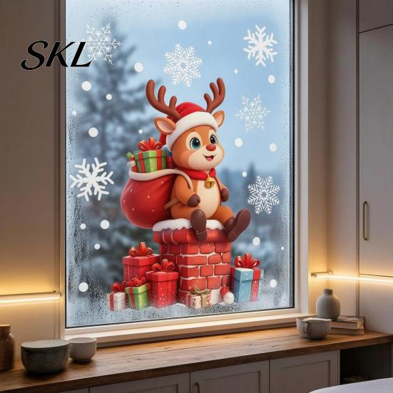 Removable Home Decor Stickers 2 Pcs Christmas Window Stickers, Cartoon Cute Deer Rabbit Cling, Easy Decals Winter Snowflakes Static for School Office