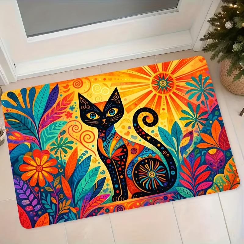 1pc Colorful Ethnic Style Cat Flannel Mat Entrance Door Mat Bathroom Kitchen Non-Slip Water-Absorbing Foot Mat Bedroom Bedside Decorative Blanket