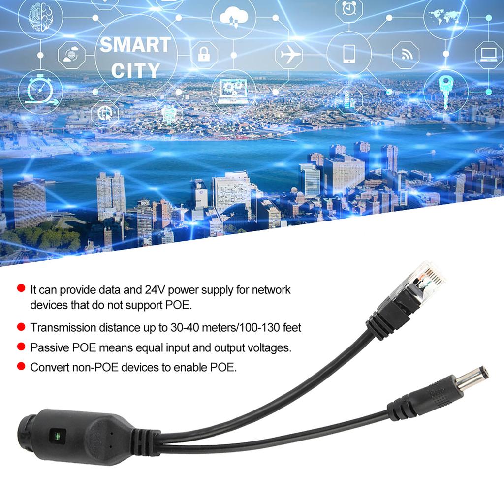 24V Waterproof IP Camera Power Over Ethernet Adapter POE Cable Splitter InjectorBlack