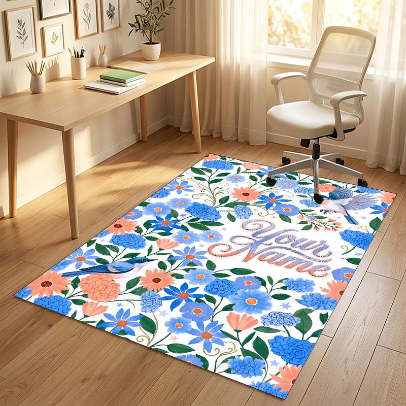 Floral Birds Artwork Theme Soft Crystal Velvet Rug Custom Name & Text Print Non Slip Floor Rug for Bedroom Living Room