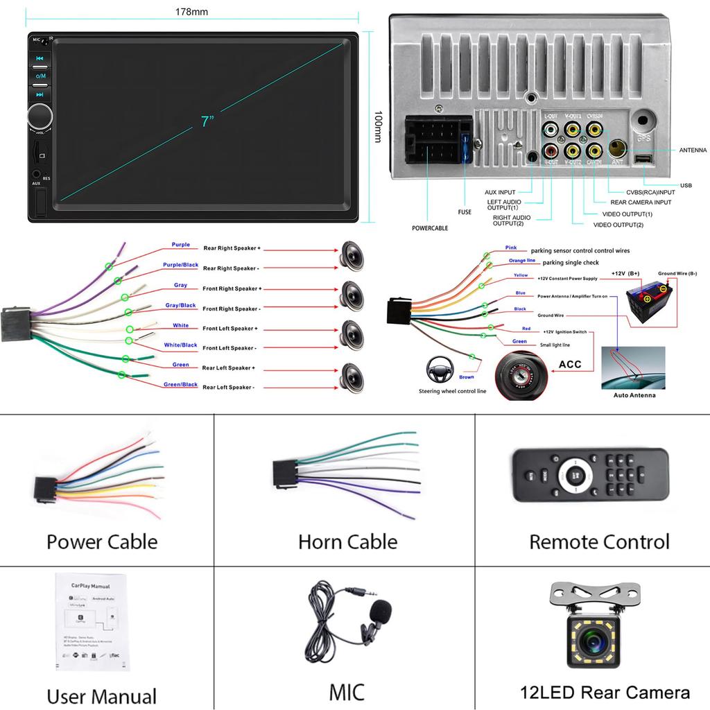 2 Din Car Audio Car Stereo Bluetooth с Android Hodozzy 7-дюймовый экран 2 Din Dual Din Car Radio с эквалайзером USB AUX Car Multimedia Backup Camera CarPlay,