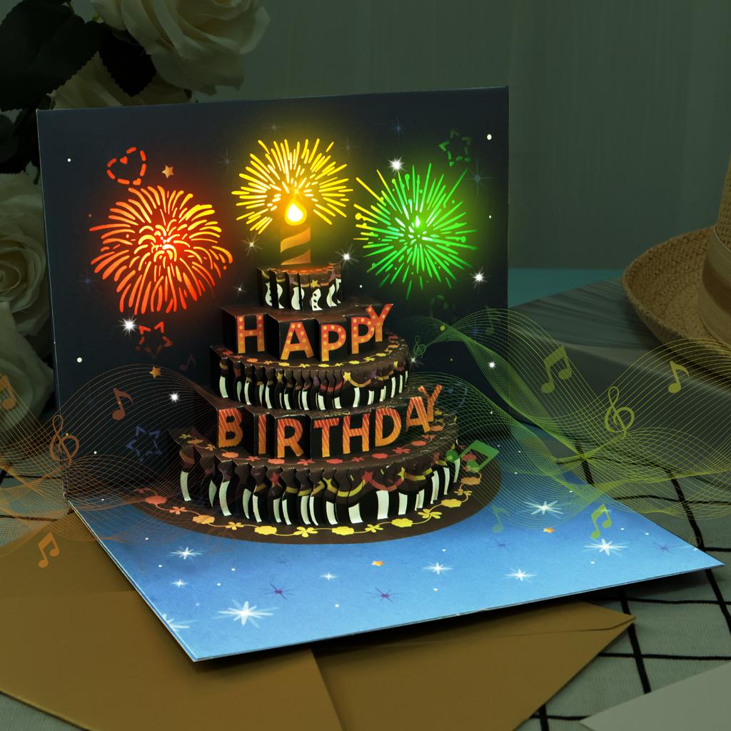 3D Light Music Birthday Card Pop Up Happy Birthday Card Fireworks Birthday Greeting Cards Happy Birthday Party Gift Message Card