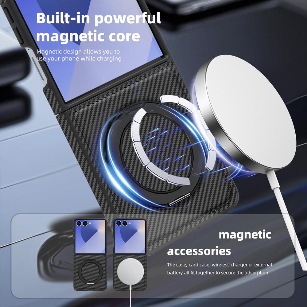 KEYSION Чехол с текстурой углеродного волокна для MagSafe для Samsung Galaxy Z Flip 7 FE 6 5 4 3 5G, вращающееся на 360° магнитное кольцо, чехол для телефона