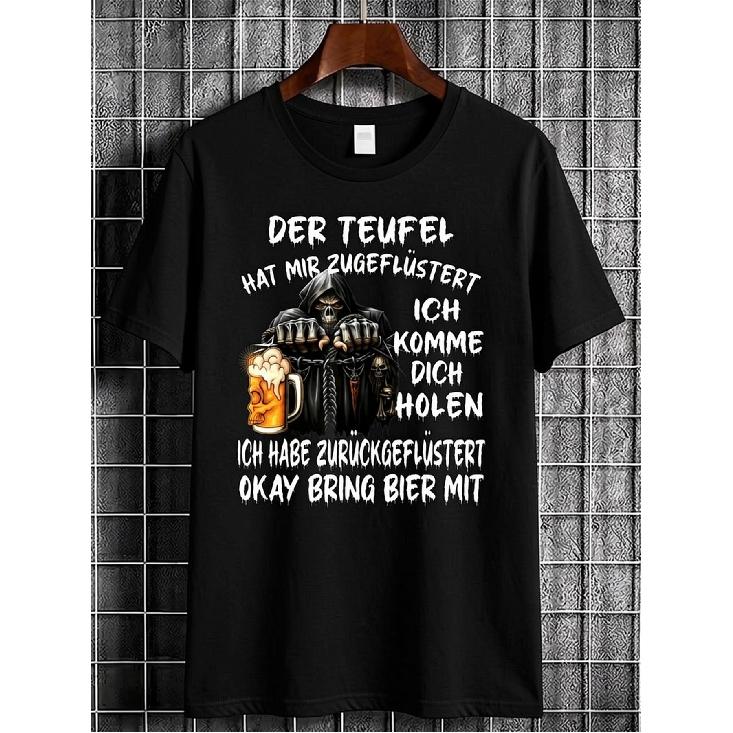 Men's black short sleeve t-shirt with grim reaper beer graphic, crew neck, relaxed fit, soft cotton feel, humorous german text design for casual wear