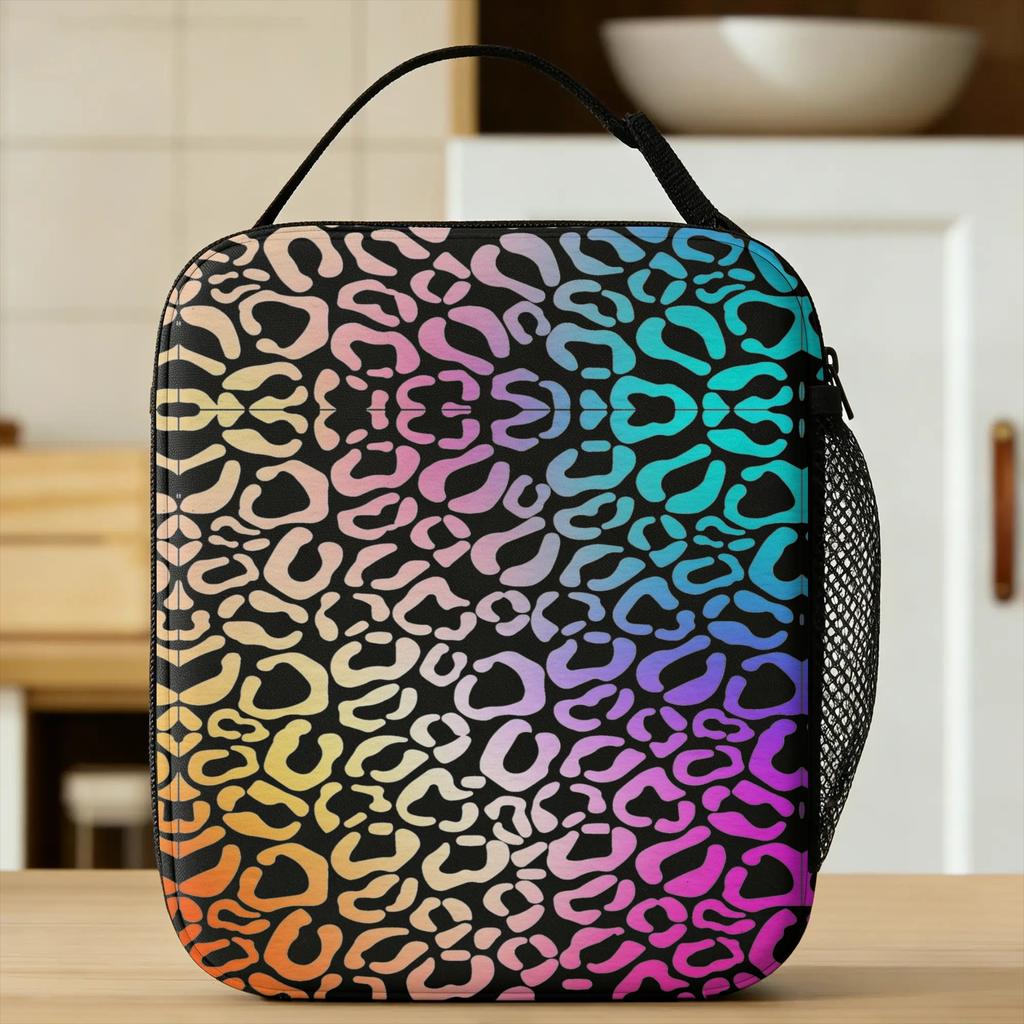 Rainbow Leopard Print Lunch Bag Picnic Lunch Box For Child Casual Print Thermal Tote Handbags Waterproof Portable Cooler Bag