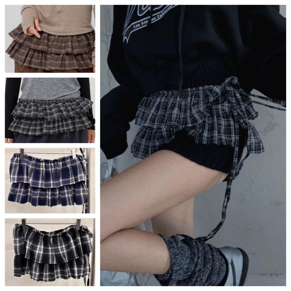 Hip-hop Layer Outfits Plaid Skirt Shirt Extender Ruffled Edge Waistband Jeans Decor