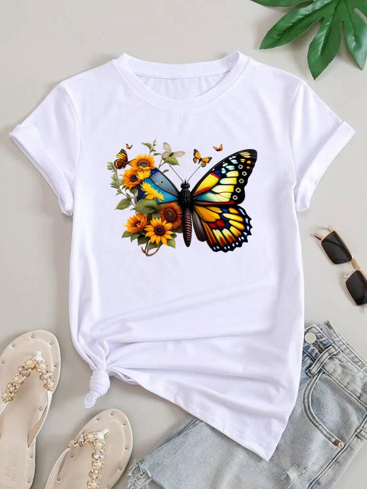 (Asian Size) Women Letter Flower Lovely Cute Tee Top Clothing Casual Short Sleeve T Shirt Fashion Print Lady Female Graphic T-shirts