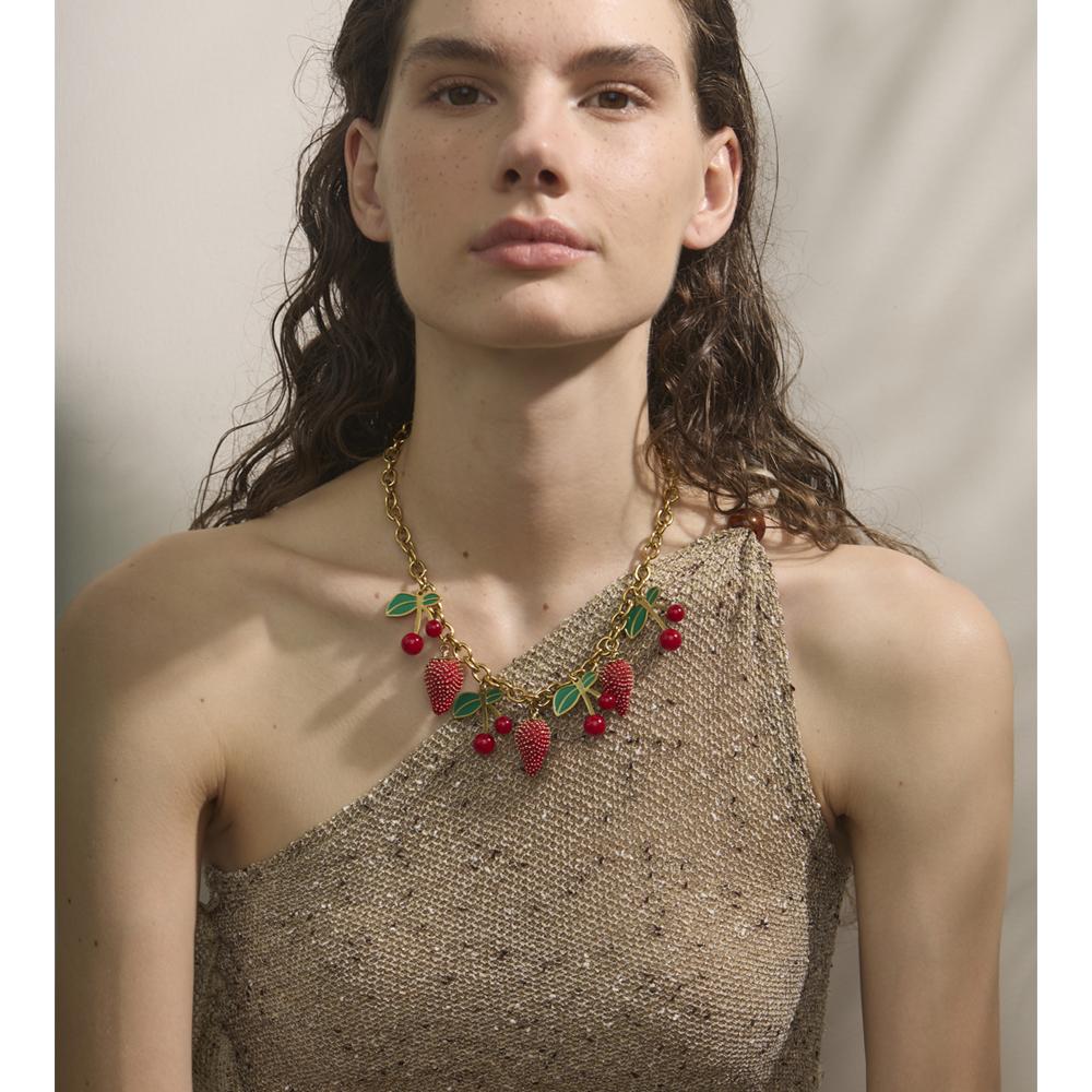 Yhpup 2025 Red Enamel Acrylic Cherry Strawberry Drop Necklace for Women Stainless Steel Fruit Handmade Fashion Collar Jewellery