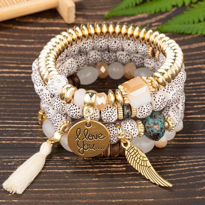 4 шт./компл. эластичные браслеты с кисточками в стиле бохо, эффектные браслеты из смолы с кристаллами и камнями ручной работы, браслеты с бусинами, модные вечерние ювелирные изделия