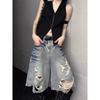 Hot Girl Retro Washing Ripped Denim Shorts for Women High Waist Loose Personality Wide-leg Five-point Medium Pants