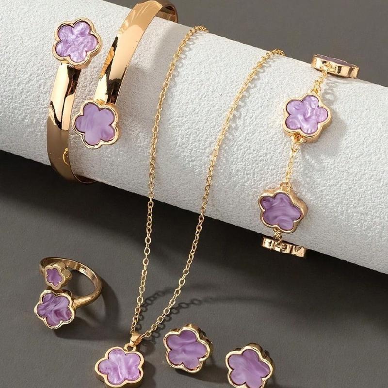 6pcs/Set Women's Same Color Lucky Flower Decoration Accessory Combination 1 Pair Of Earrings 1 Necklace 1 Bracelet 1 Bracelet 1 Ring Set Suitable