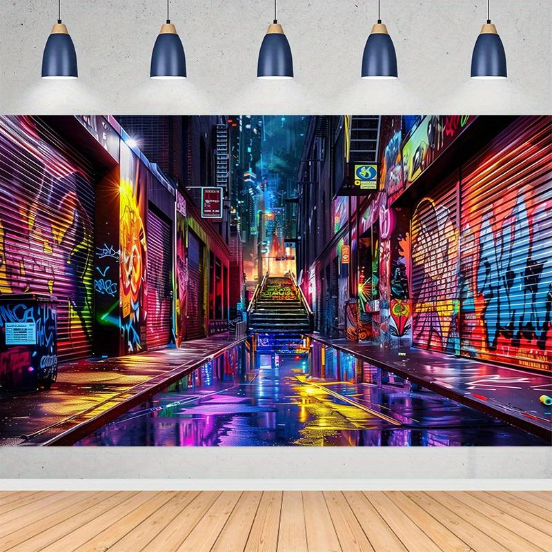 2D plane, 1 piece of colorful street graffiti neon mural - retro hip-hop style of the 1980s and 1990s