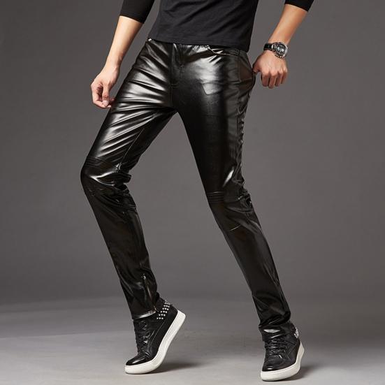 Мужские брюки-карандаш, яркая поверхность, однотонные, застежка-молния, средняя посадка, брюки из искусственной кожи, облегающие, мотоциклетные брюки, уличная одежда