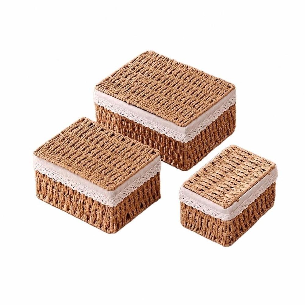 Hand-woven Storage Baskets with Lid/Liner Desktop Sundries Organizer  for Closet Shelf