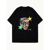 Oversized T Shirt Black Abstract Face With Stars And Brand Text Graphic Print Casual Streetwear Fashion Statement Top For Women