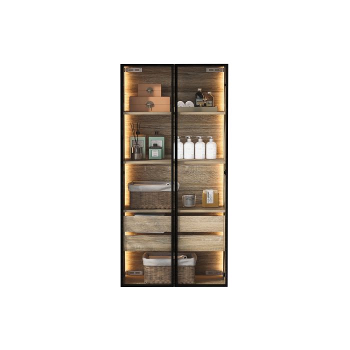 Armoire de salle de bains - MUVOE - Modèle moyen - Éclairage LED - 2 tiroirs - Verre dépoli