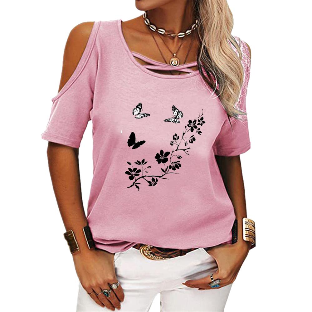 Women Fashion Off Shoulder Top Casual Round Neck Summer Tee Shirt Print Short Sleeve T-shirt