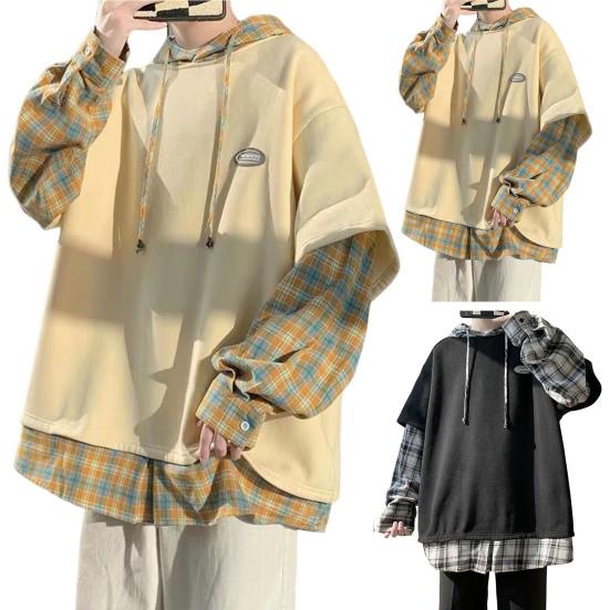 Мужская весенняя рубашка, дышащая искусственная двухсекционная свободная пуловер с длинными рукавами, теплая мужская осенняя рубашка с капюшоном и шнурком средней длины, мужская одежда