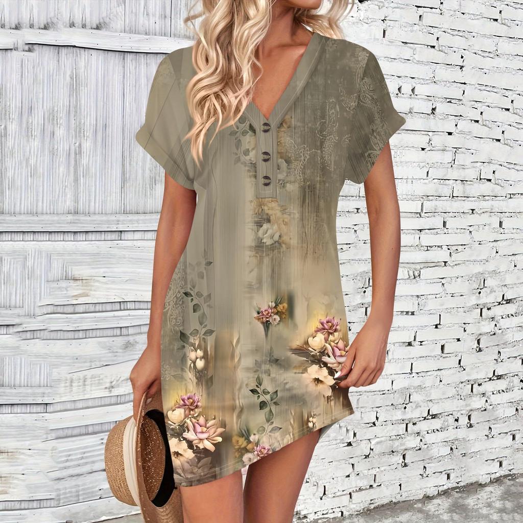 Женское платье с V-образным вырезом и пуговицами с коротким рукавом, повседневные летние платья-туники, свободное платье
