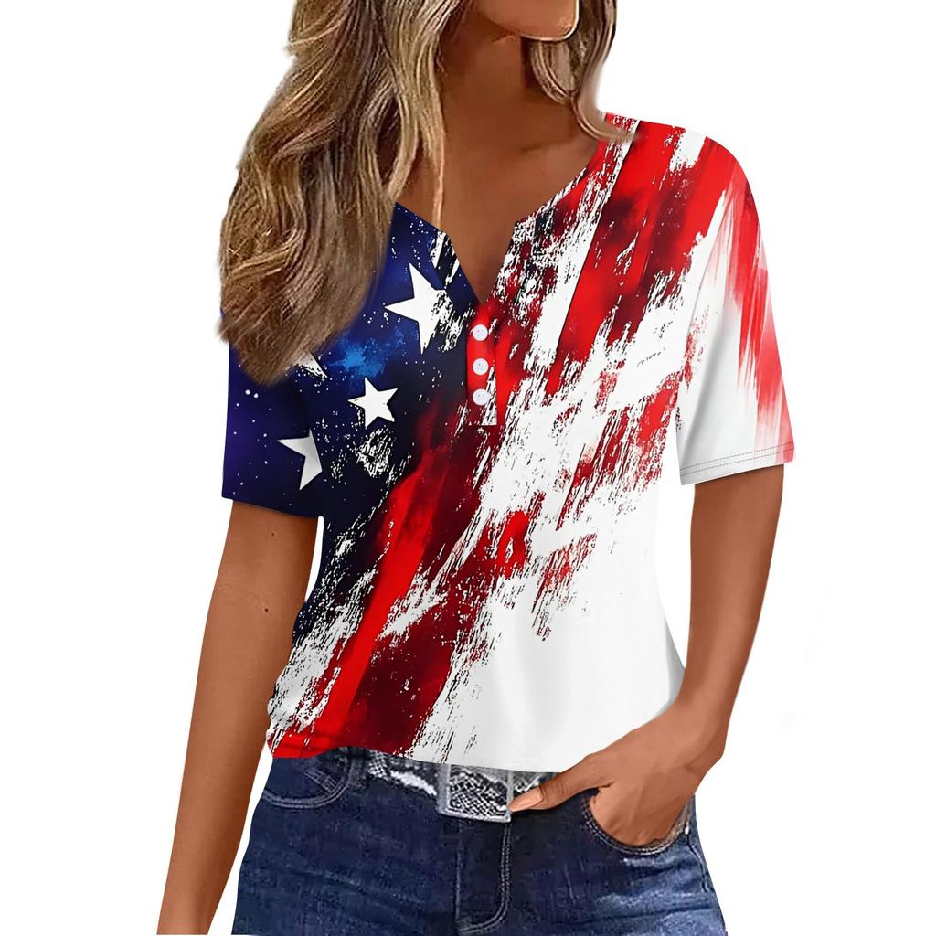 Women's T Shirt Independence Day Print Button Short Sleeve Daily Weekend Fashion Basic V- Neck Regular Top