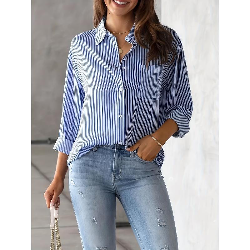 Spring new women's fashion loose striped shirt casual breathable long-sleeve top