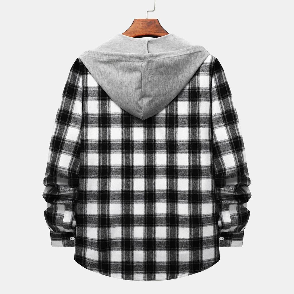 Men's Plaid Shirt Hooded Button Sweatshirt Men's Casual Fashion Sweatshirt