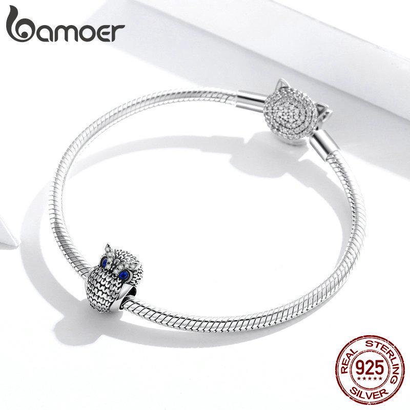 Bamoer Оригинальный шарм - подвеска "сияющая сова" из 925 стерлингового серебра и синего циркона