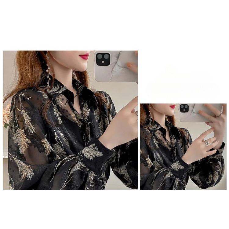 Уникальная цветочная рубашка, весенняя воздушная блузка из шифона с отложным воротником и рукавами-фонариками, женская верхняя одежда