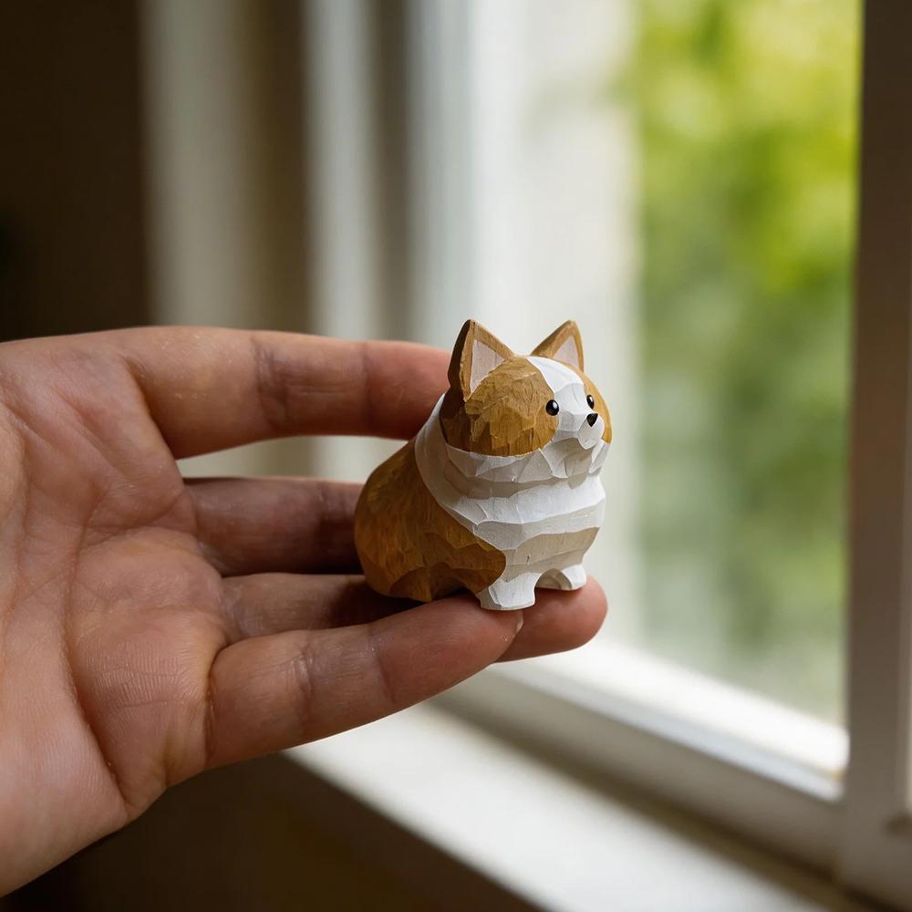 Ручная резьба Декоративная деревянная фигурка корги Мини Милая собака Статуэтка животного Украшение Скульптура Домашний Настольный Декор Подарок для любителей собак