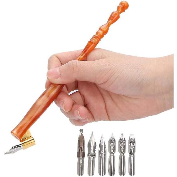 Calligraphy Oblique Nib Pen Point Holder, English Calligraphy Pen Nib Holder Antique Copperplate Script Handed Dip Pen + 6 Flat Nibs(1)