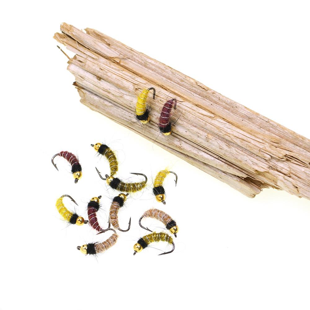 6/8 шт. 2 размеров Нимфа личинки ручейника с головкой из бусинки Реалистичный жук-бокоплав Червь для ловли форели и хариуса (Крючок с бородкой, Быстро тонущий)