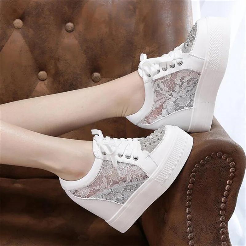 Fashion Women Sneakers Wedding Rhinestone Casual Platform Trainers White Mesh Shoes 11CM Heels Breathable Woman Height Increasing Shoes