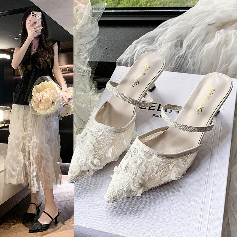 Женские туфли на высоком каблуке весна и лето 2025 новые французские с острым носком, на шпильке, с кружевом и сеткой, мюли