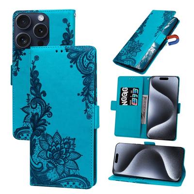 Роскошный кожаный флип-чехол с тиснением, кружевом и цветком для iPhone 15, 14, 13, 12, 11 Pro Max X XR XS Max 7, 8, 14, 15 Plus, противоударный чехол-бумажник, чехол для книги