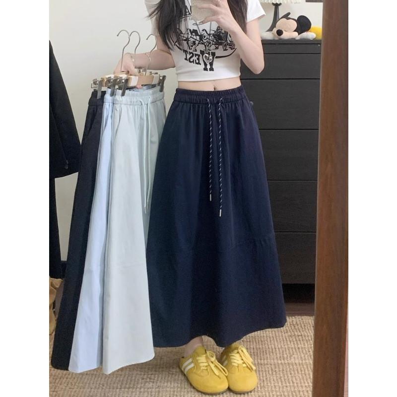 Hanbok Cotton Blend A Line Skirt With Elastic Waist For Casual Spring Wear