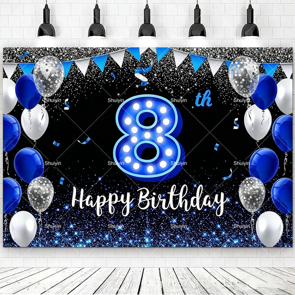 2D Happy Birthday Backdrop Black Blue Balloon Customized Age Kids Adults 18th 20th 30th 40th Birthday Decorations Party Supplies
