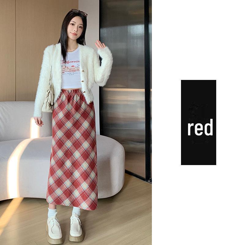 Женская шерстяная клетчатая юбка с высокой талией - узкий А-силуэт средней длины, утолщенная для осени/зимы 2024 г.