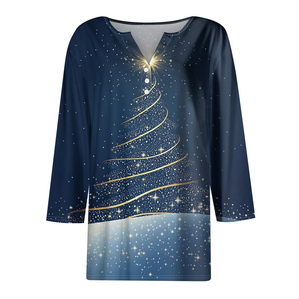 Жен. Футболка Футболка С принтом Пуговицы Рукав 3/4 Повседневные Выходные Мода Классический V-образный вырез Обычный Топ