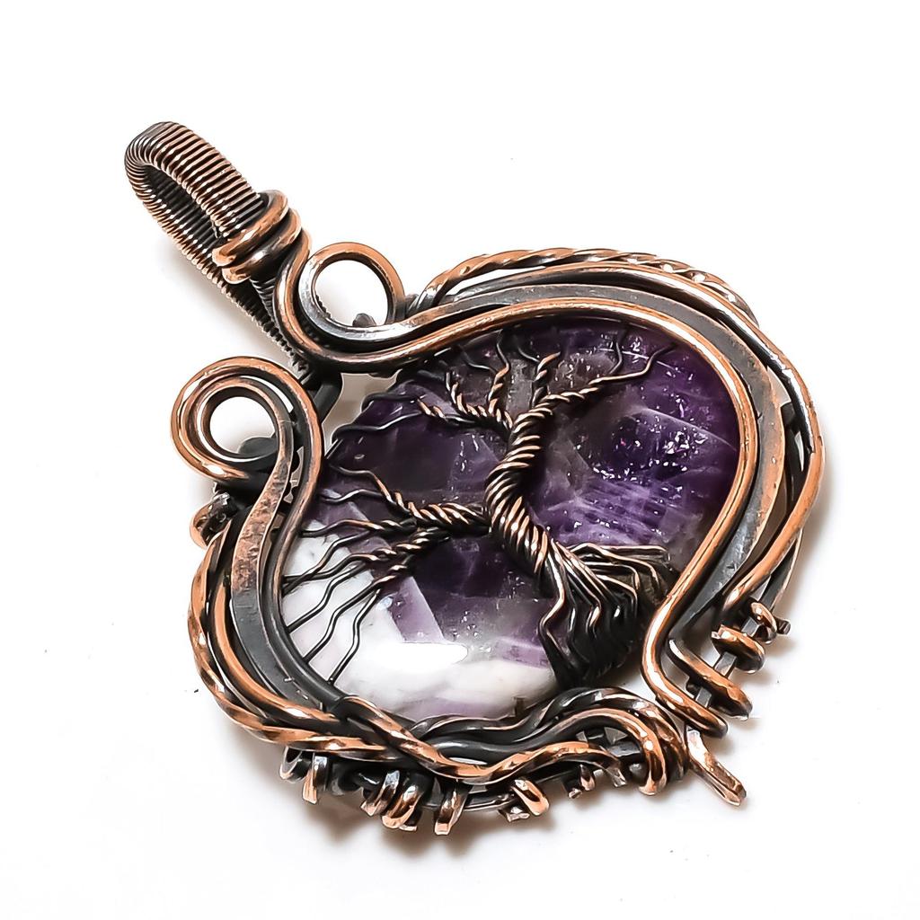 Amethyst Pendant, 999 Copper Wire Wrapped Gemstone Jewelry, Handmade Tree Of Life Pendant, For Memorial Day
