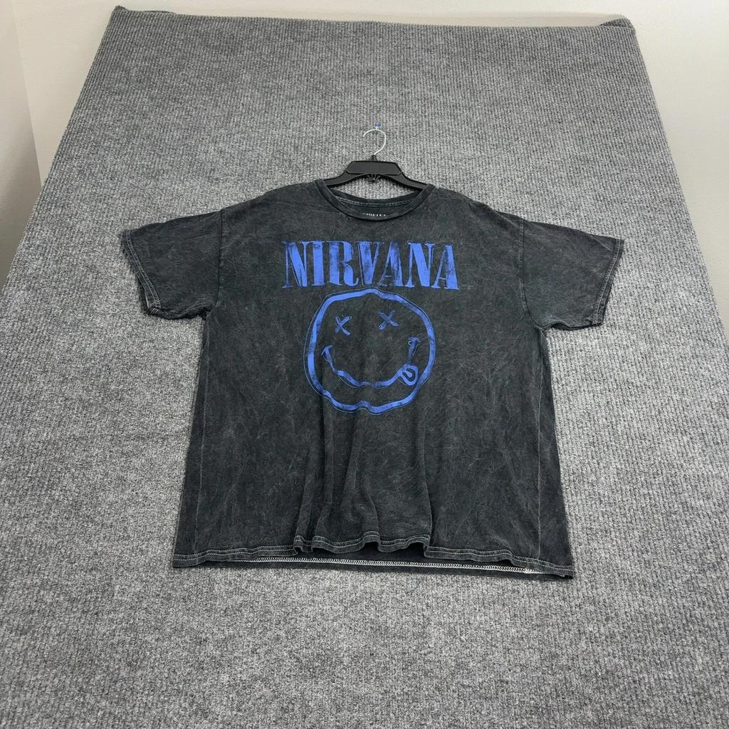 Nirvana T Shirt Men XL Black Cotton Acid Wash Blue Smiley Face Graphic Grunge