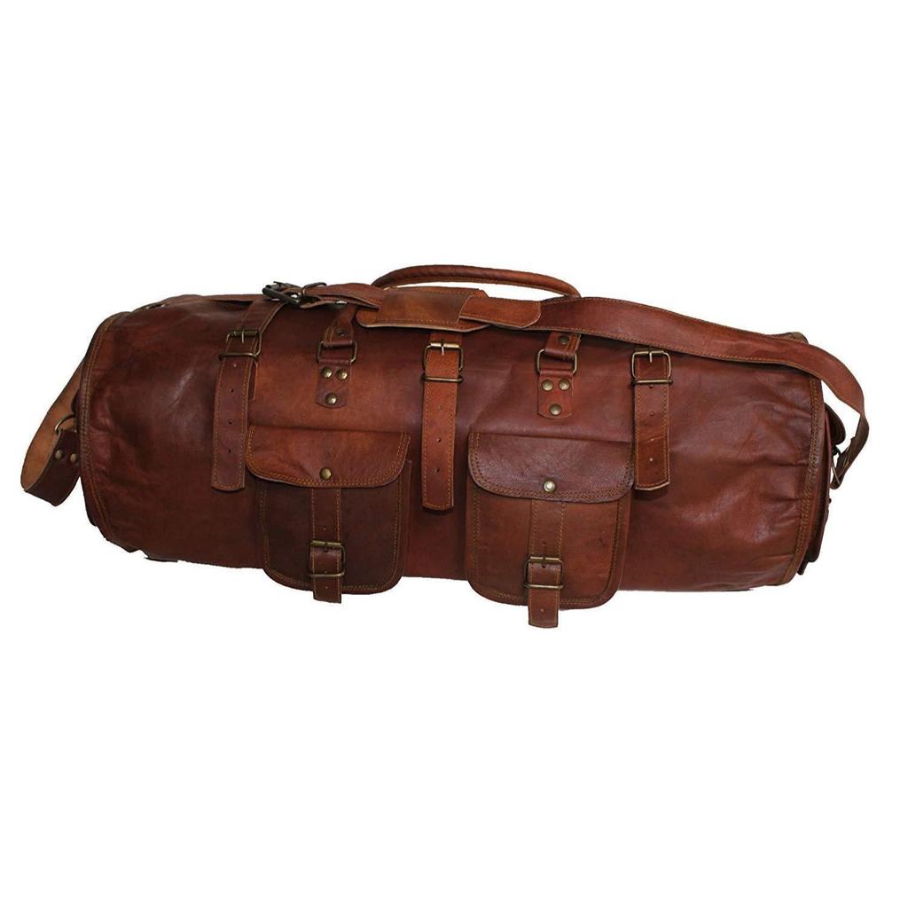 Old Men's Distressed Leather Retro Vintage Large Round Duffel Travel Gym Bag