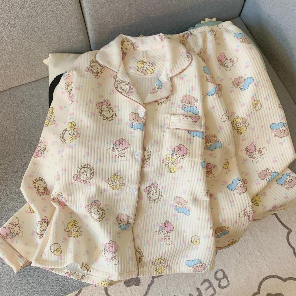 «Женский комплект пижамы TikTok осень/зима: Милый, теплый хлопковый комплект из двух частей для домашнего ношения.