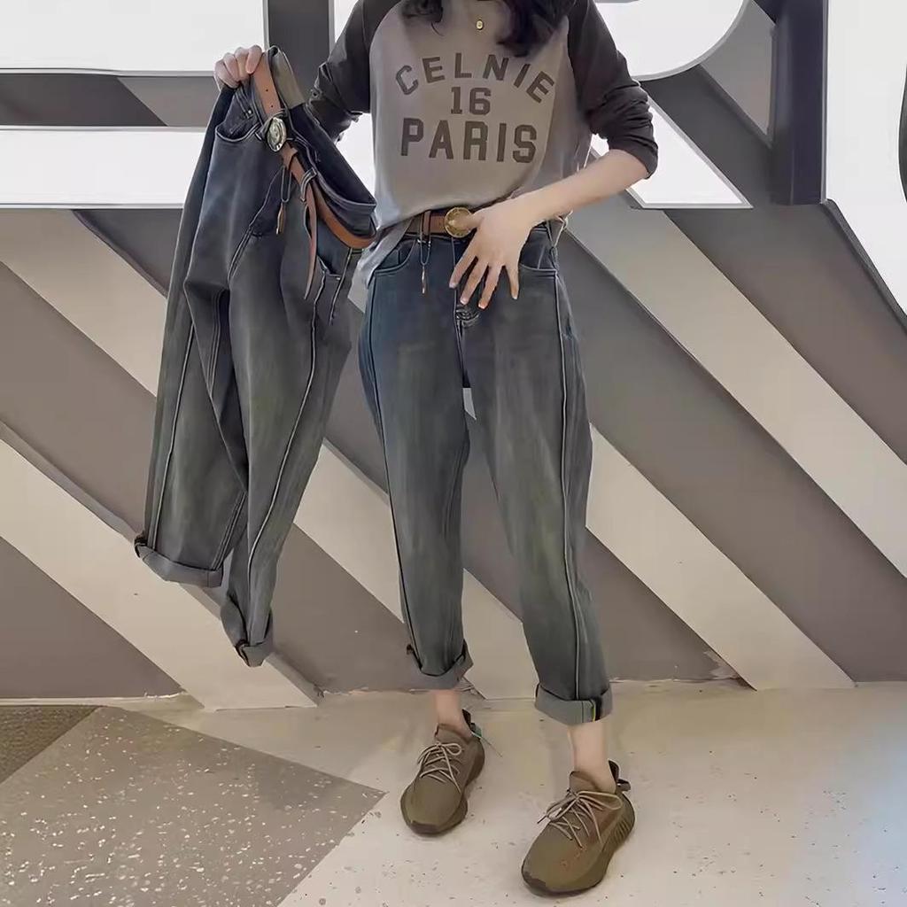 Джинсы женские маленького размера с высокой посадкой и прямыми штанинами, осенне-зимние, свободные, стройнящие, больших размеров, укороченные брюки гаремы