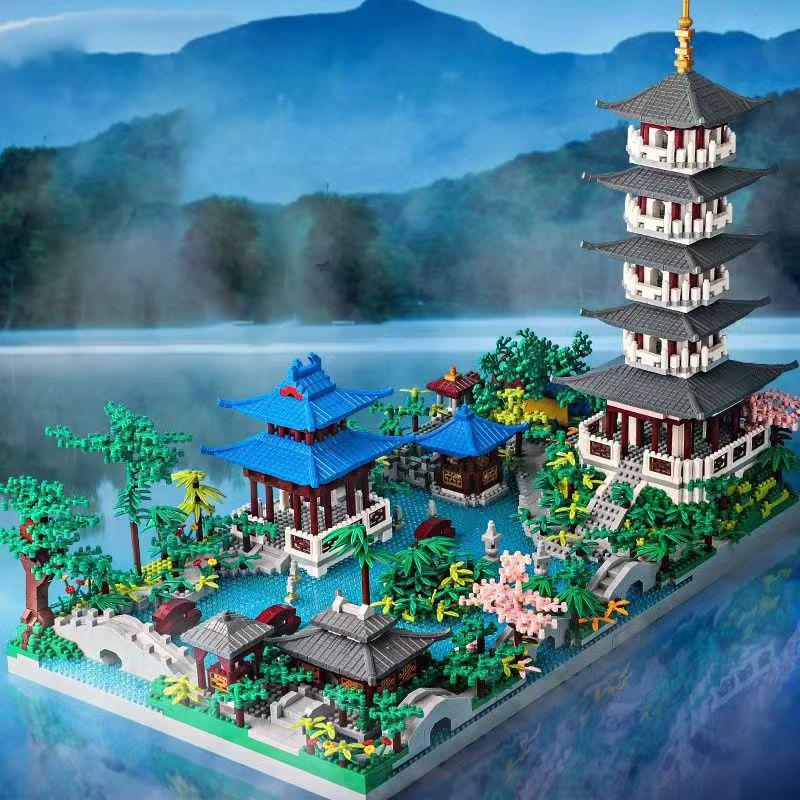 Нетоксичные строительные блоки Hangzhou West Lake, собранные, 1560 деталей, сложные строительные игрушки, рождественские подарки, подарки на день рождения, подходят для