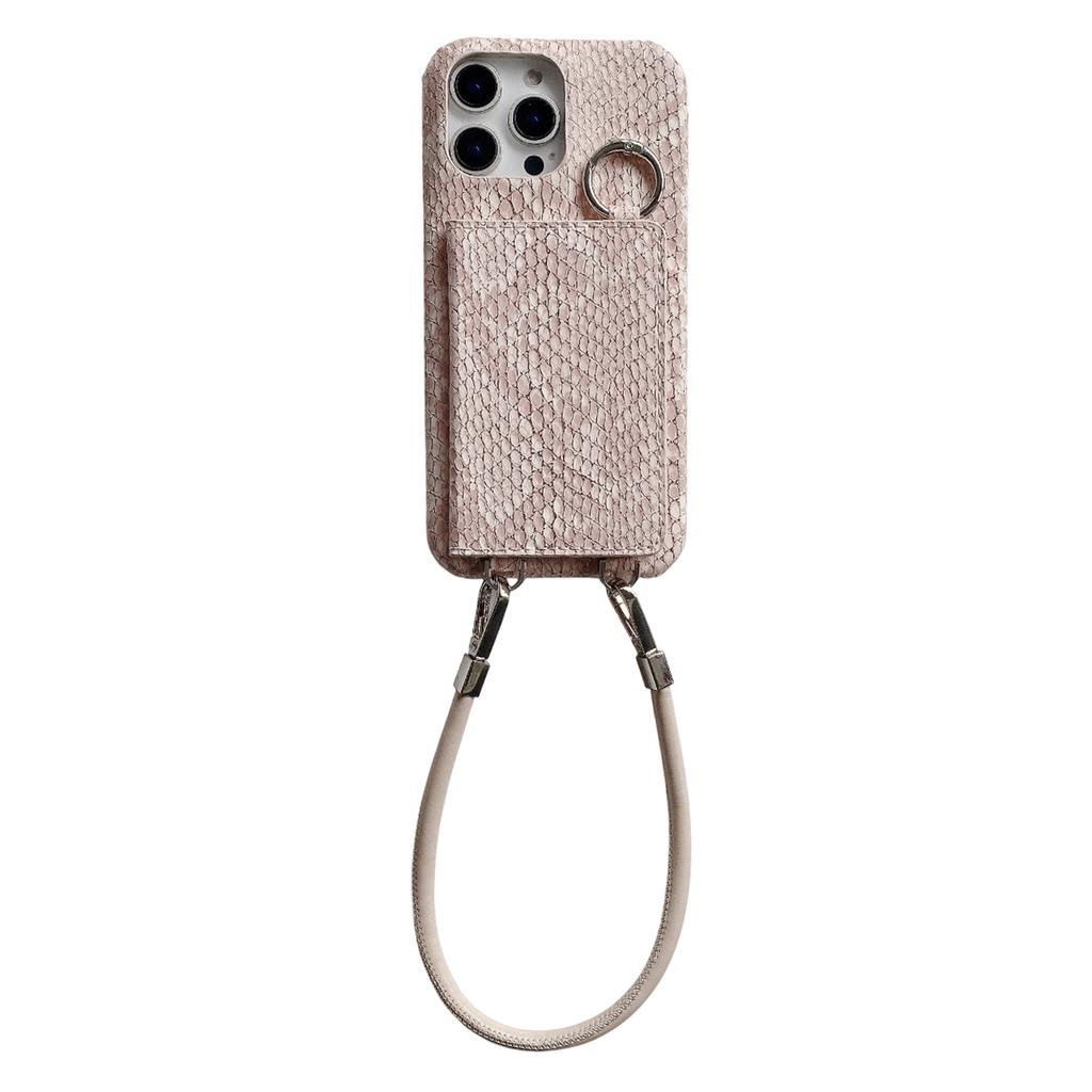 For iPhone 16 Pro Max Case Card Holder Mirror Snake Texture PU+PC Back Cover with Lanyard